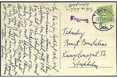 15 øre Chr. X på brevkort annulleret København Omk. d. 8.9.1947 og sidestemplet Togpost til Stockholm, Sverige.