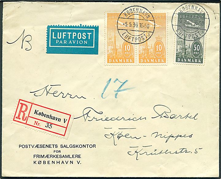 10 øre (par) og 50 øre Luftpost på anbefalet luftpostbrev stemplet København Luftpost sn3 d. 5.5.1936 til Köln, Tyskland.