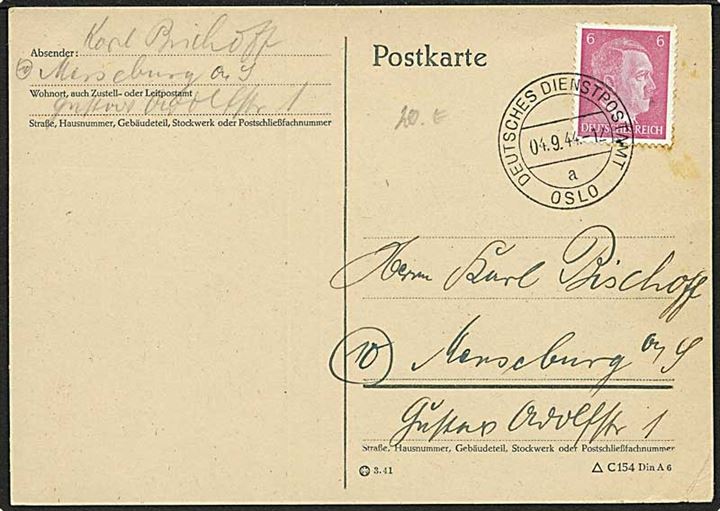 Tysk 6 pfg. Hitler udgave på brevkort stemplet Deutsches Dienstpostamt Oslo a d. 4.9.1944 til Tyskland. Ingen meddelelse på bagsiden.