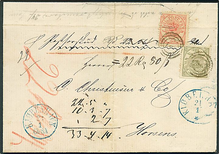 4 sk. (fold) og 16 sk. (beklippet) Krone/Scepter på Postforskud annulleret med nr.stempel 1 og sidestemplet Kjøbenhavn d. 23.1.1868 til Horsens. 