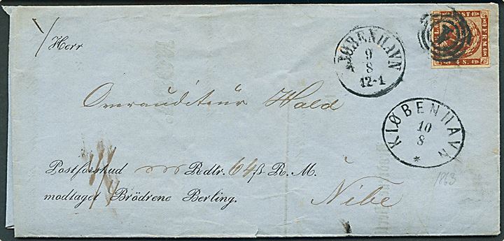 4 sk. stukken kant på brev med postforskud annulleret med nr.stempel 1 og sidestemplet Kjøbenhavn d. 9.8.1863 til Nibe.