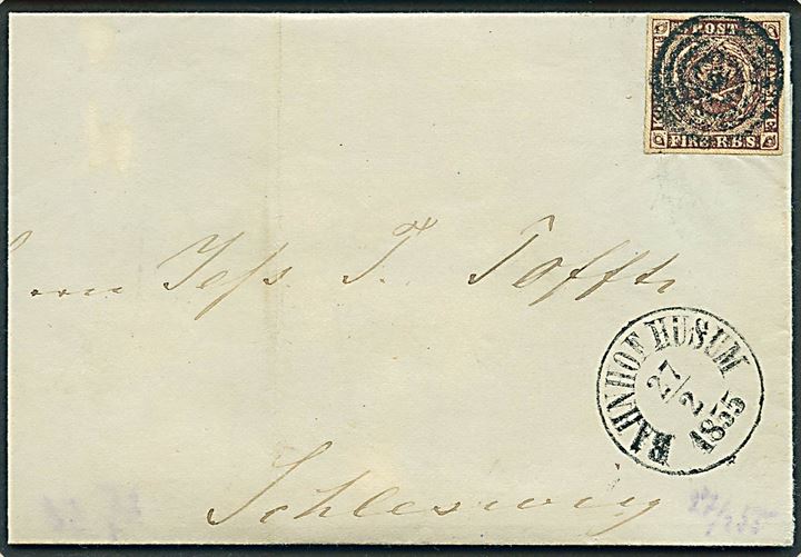 4 R.B.S. Thiele II sortbrun på brev annulleret med stumt stempel og sidestemplet Bahnhof Husum d. 27.2.1855 til Schleswig. Daka 2000,-