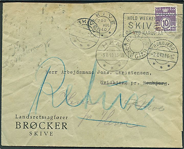 10 øre Bølgelinie på lokalbrev fra Skive d. 2.8.1940 til Hvidbjerg pr. Rønbjerg. Eftersendt til Hem og returneret med flere stempler. Bl.a. udslebet stjernestempel HVIDBJERG (SKIVE).
