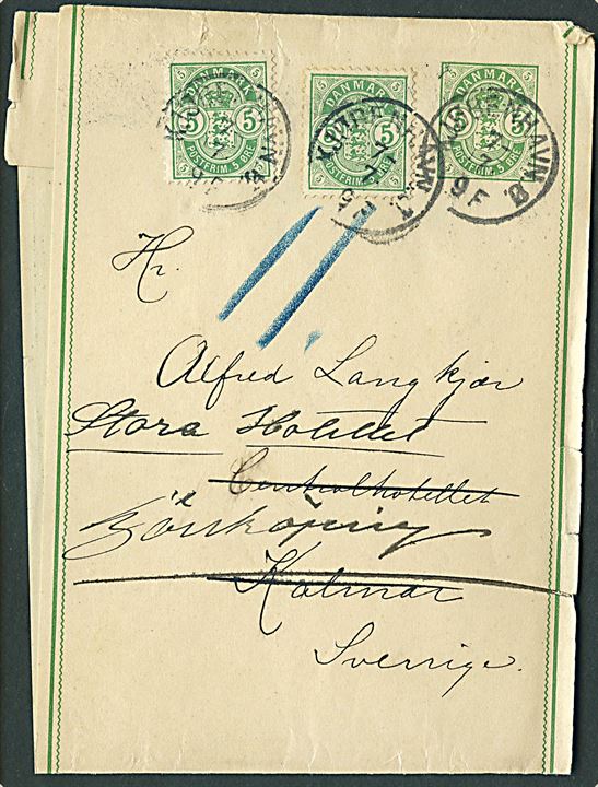 5 øre Våben helsags korsbånd opfrankeret med 5 øre Våben (2) og sendt som 3. vægtkl. tryksag fra Kjøbenhavn i 1890'erne til Kalmar, Sverige - eftersendt til Jönköping.