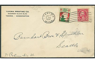 2 cents Washington og Julemærke 1923 på brev fra Yakima d. 10.1.1924 til Seattle.
