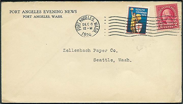 2 cents Washington og Julemærke 1924 på brev fra Los Angeles d. 6.12.1924 til Seattle.