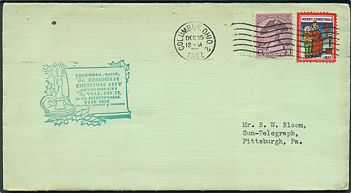 3 cents Washington og Julemærke 1932 på brev fra Columbus d. 25.12.1932 til Pittsburgh.