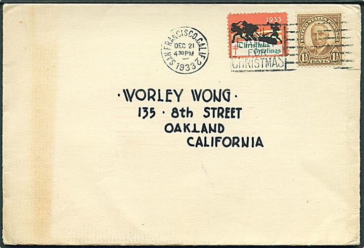 1½ cents Harding og Julemærke 1933 på tryksag fra San Francisco d. 21.12.1933 til Oakland.