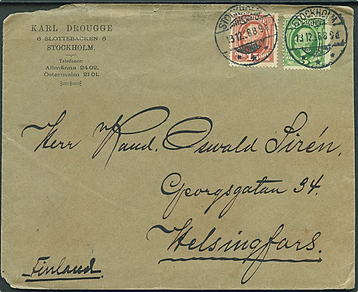 5 öre og 15 öre Oscar på brev fra Stockholm d. 13.12.1898 til Helsingfors, Finland.