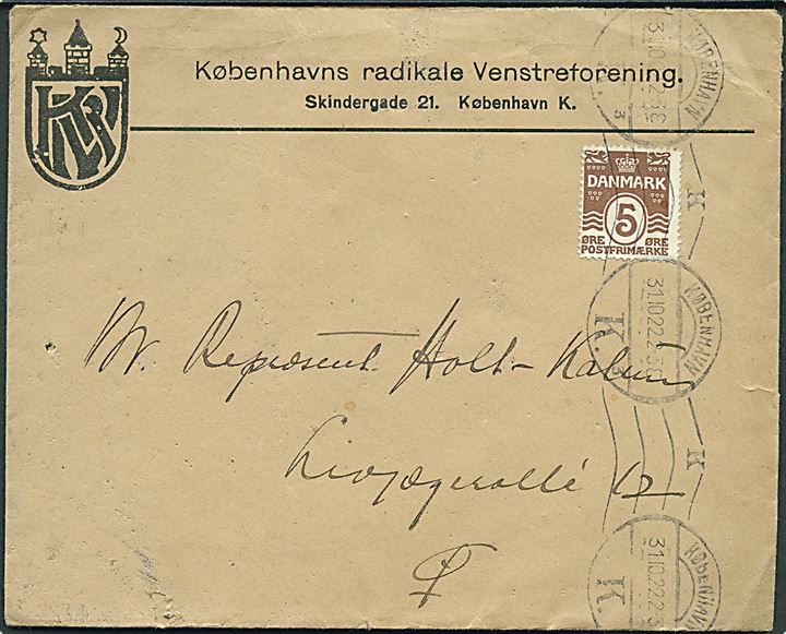5 øre Bølgelinie single på fortrykt kuvert fra Københavns radikale Venstreforening sendt som lokal tryksag i København d. 31.10.1922.