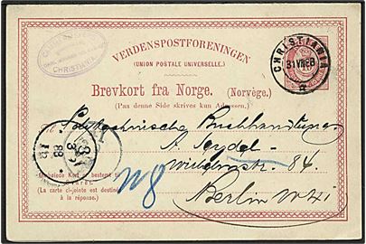 10 øre helsags dobbeltbrevkort fra Christiania d. 31.8.1888 til Berlin, Tyskland. Vedhængende ubenyttet svardel. 