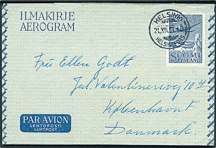 20 mk. helsags aerogram fra Helsingfors d. 21.12.1951 til København, Danmark.