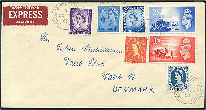 Div. Elizabeth og lokal udg. på ekspresbrev fra Eccleston Street B.O. d. 20.12.1966 til Vallø, Danmark.