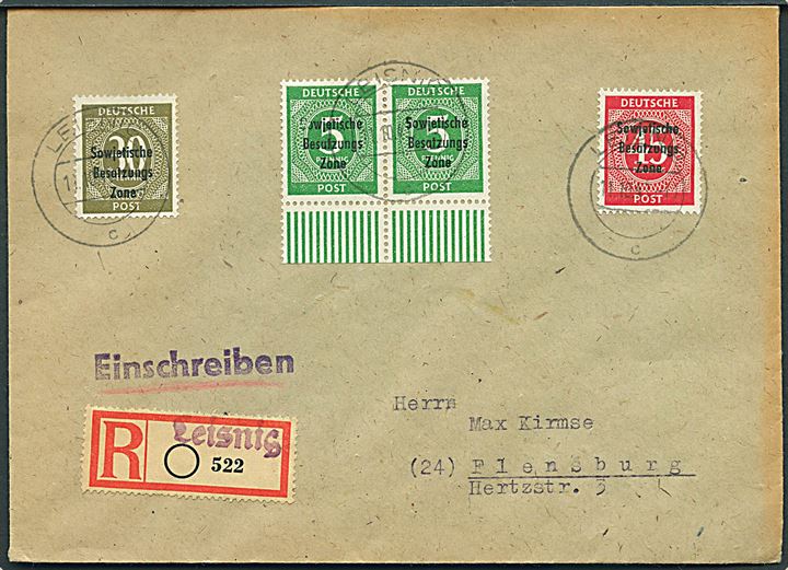 SBZ. 5 pfg. (par), 30 pfg. og 45 pfg. på anbefalet brev fra Leising d. 11.10.1948 til Flensburg.
