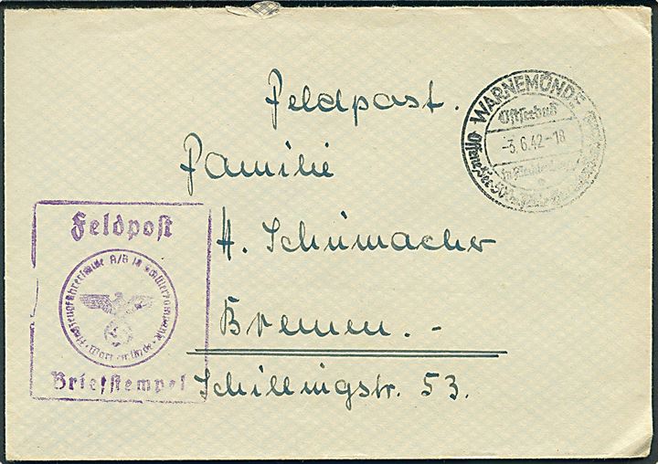 Ufrankeret feltpostbrev fra Warnemünde d. 3.6.1942 til Bremen. Briefstempel fra Flugzeugführerschule.