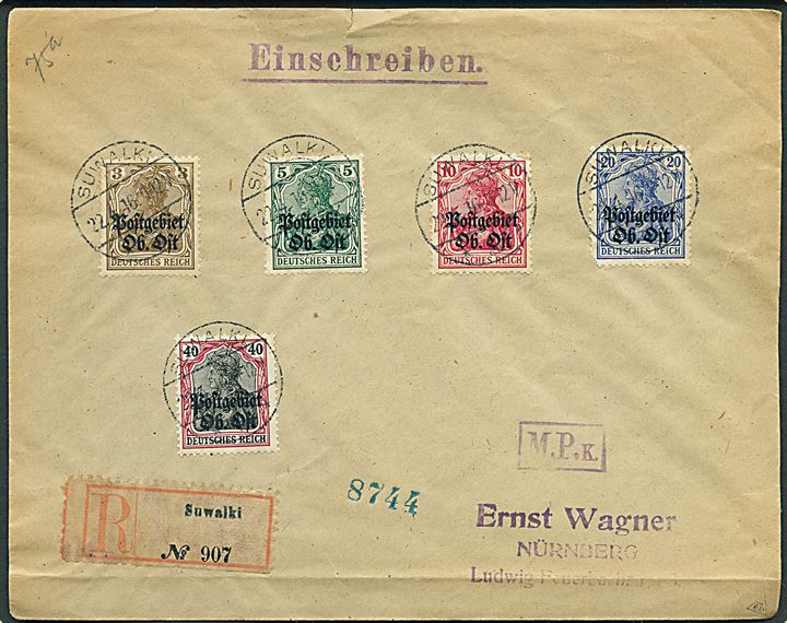 3 pfg., 5 pfg., 10 pfg. 20 pfg. og 40 pfg. Postgebiet Ob. Ost provisorium på anbefalet filatelistisk brev fra Sulwaki d. 22.4.1916 til Nürnberg. Censureret i Königsberg.