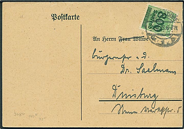 800.000/1000 mk. provisorium på infla brevkort fra Düsseldorf d. 5.10.1923 til Duisburg.