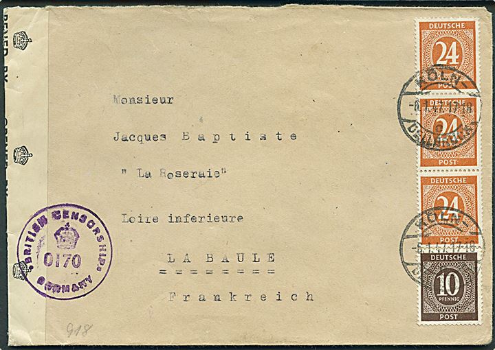 10 pfg. og 24 pfg. (3) på brev fra Köln d. 6.1.1947 til La Baule, Frankrig. Åbnet af britisk efterkrigscensur no. 0170.