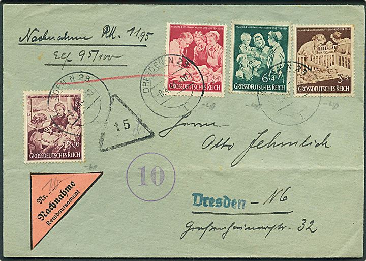 Mutter u. Kind velgørenheds udg. på brev med opkrævning sendt lokalt i Dresden d. 8.4.1944.