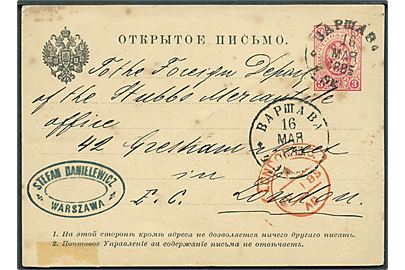 3 kop. helsagsbrevkort fra Warszawa d. 16.5.1885 til London, England.