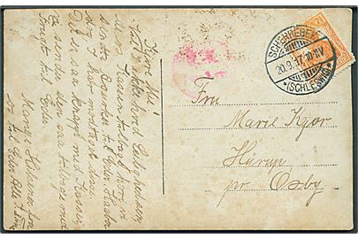 7½ pfg. Germania på brevkort stemplet Scherrebek *(Schleswig)* d. 20.9.1917 til Hürup pr. Osby. Svagt censurstempel Ü.K. Tondern.