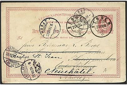 10 øre helsagsbrevkort fra Bergen d. 21.7.1884 til Morat, Schweiz - eftersendt til Neuchatel.