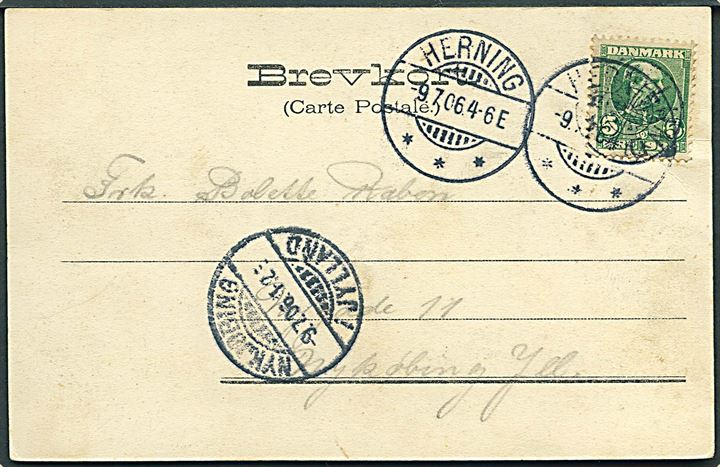 5 øre Chr. IX på brevkort annulleret med svagt stjernestempel BÆKKELUND og sidestemplet Herning d. 9.7.1906 til Nykjøbing i Jylland. Skilling: 1200,-