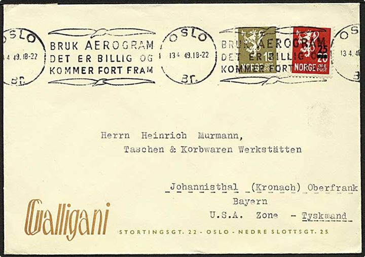 25/20 øre provisorium og 15 øre Løve på brev fra Oslo d. 13.4.1949 til Johannisthal, Tyskland.
