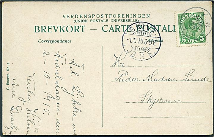 5 øre Chr. X på brevkort annulleret med stjernestempel FLY og sidestemplet Skive d. 1.10.1915 til Skjern.