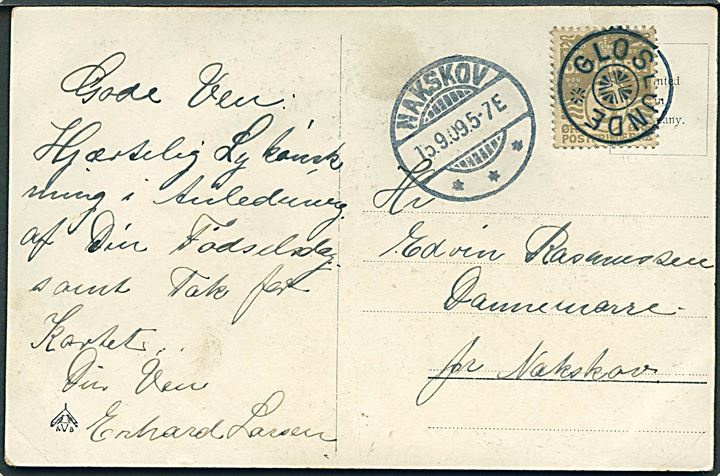 3 øre Bølgelinie på lokalt brevkort annulleret med stjernestempel GLOSLUNDE og sidestemplet Nakskov d. 15.9.1909 til Dannemarre pr. Nakskov.