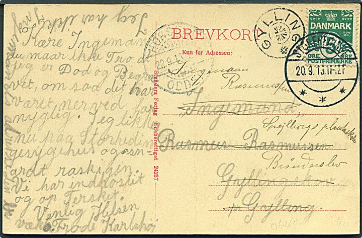 5 øre Bølgelinie på brevkort fra Storeheddinge d. 20.9.1913 til Gylling. Eftersendt til Brønderslev med stjernestempel GYLLING og bureaustempel Horsens - Odder d. 22.9.1913.