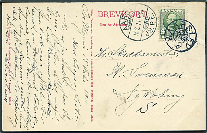 5 øre Fr. VIII på brevkort (Luftbroen i Fredericia) annulleret med stjernestempel HAARSLEV og sidestemplet Aarup JB.P.E. d. 16.2.1911 til Nykøbing S.