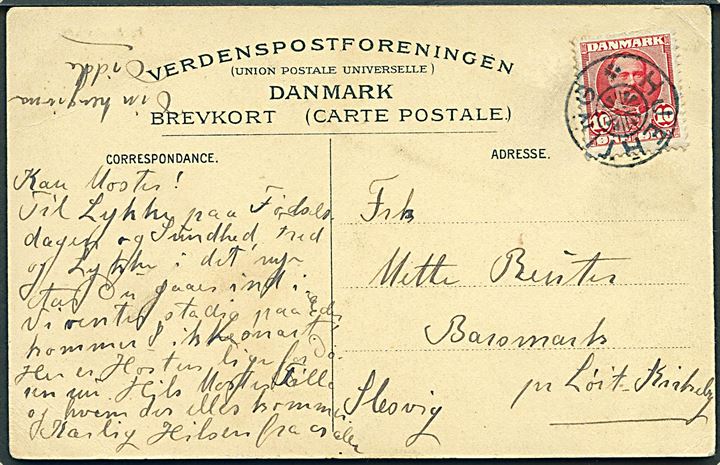 10 øre Fr. VIII på brevkort (Ny Munkegade, Aarhus med brandstation) annulleret med stjernestempel HJERTING til Barsmark pr. Løjt Kirkeby, Nordslesvig.