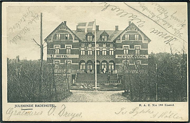 5 øre Våben på brevkort (Juelsminde Badehotel) annulleret med stjernestempel JUELSMINDE og sidestemplet bureau Horsens - Juelsminde T.7 d. 19.7.1905 til Horsens.