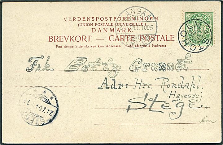 5 øre Våben på brevkort annulleret med stjernestempel STOHOLM og sidestemplet bureau Langaa - Struer T.1005 d. 27.7.1904 til Stege.