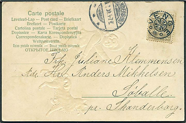 3 øre Bølgelinie på lokalt brevkort annulleret med stjernestempel VENGE og sidestemplet Skanderborg d. x.7.1909 til Søballe pr. Skanderborg. Anvendt ca. 2 måneder tidligere end registreret i Skilling.