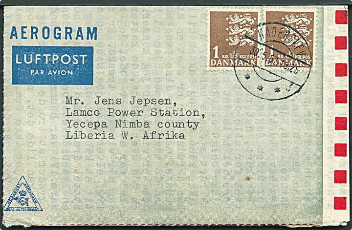 1 kr. Rigsvåben (2) på privat aerogram fra Haderslev d. 30.5.1967 til Yecepa Nimba, Liberia, Vestafrika. Interessant destination.