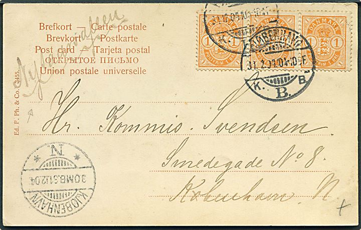 1 øre Våben i vandret 3-stribe på lokalt brevkort i Kjøbenhavn d. 31.12.1904 påskrevet Nytaarsaften. 