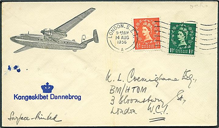 ½d og 1½d Elizabeth på illustreret kuvert sendt lokalt i London d. 14.8.1956 og sidestemplet med (krone) / Kongeskibet Dannebrog.