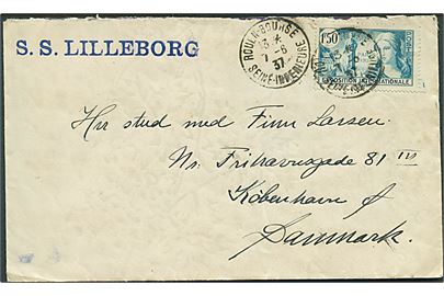 1,50 fr. Paris Udstilling på brev fra Rouen d. 7.6.1937 til København, Danmark. Privat skibsstempel: S. S. Lilleborg.