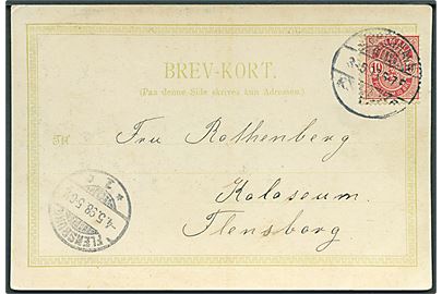 10 øre Våben med variant Venstre 0 åbent på brevkort (København, Ørstedsparken) fra Kjøbenhavn d. 3.5.1898 til Flensburg, Tyskland.