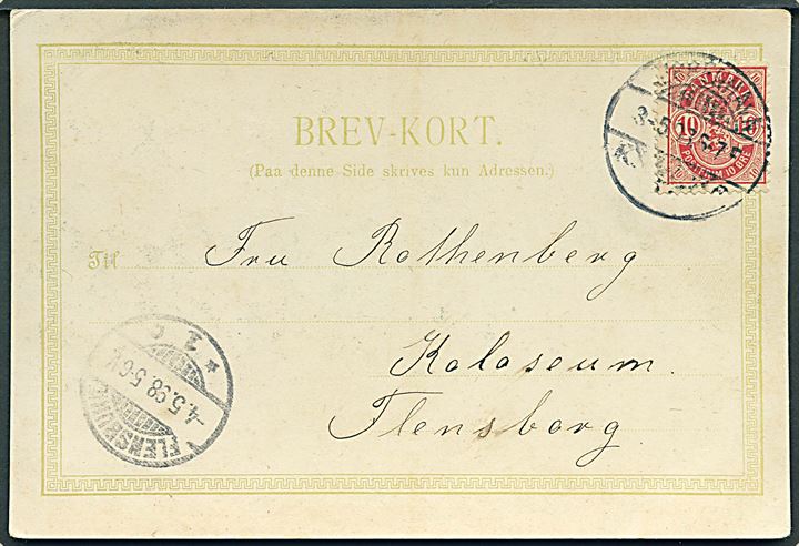 10 øre Våben med variant Venstre 0 åbent på brevkort (København, Ørstedsparken) fra Kjøbenhavn d. 3.5.1898 til Flensburg, Tyskland.