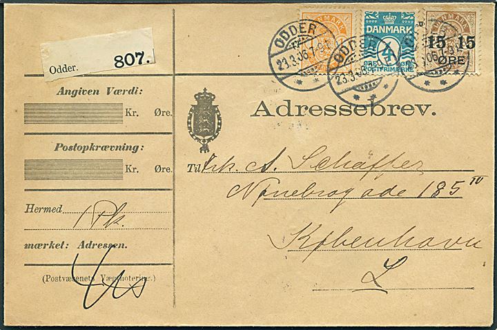 1 øre Våben, 4 øre Bølgelinie og 15/24 øre Provisorium på adressebrev for pakke fra Odder d. 23.3.1906 til København.