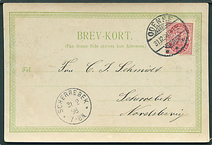 10 øre Våben med variant Streg til venstre for Våbenskjold på brevkort (Hilsen fra Odense) fra Odense d. 31.12.1898 til Scherrebek, Nordslesvig. Ank.stemplet Scherrebek d. 31.12.1898.