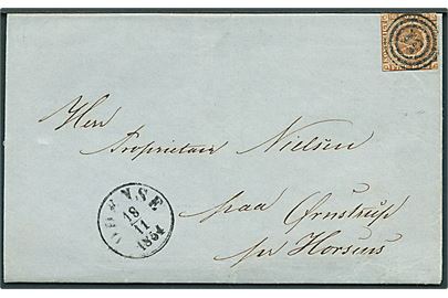 4 R.B.S. Thiele III tæt klippet på brev annulleret med nr.stempel 51 og sidestemplet antiqua Odense d. 18.11.1854 til Ørnstrup pr. Horsens.