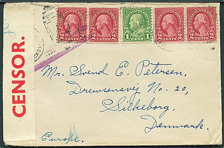 1 cent Franklin og 2 cents Washington (4) på brev annulleret med svagt stempel i Los Angeles 1939 til Silkeborg, Danmark. Åbnet af tidlig britisk censur med PC22-banderole med håndskrevet nr. 261.
