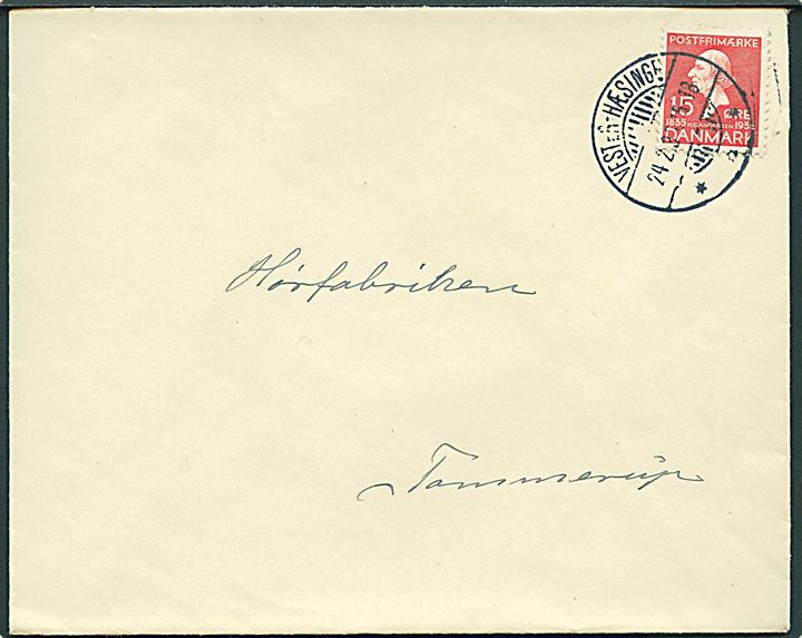 15 øre H. C. Andersen på brev annulleret med brotype Ic Vester-Hæsinge d. 24.2.1936 til Tommerup.
