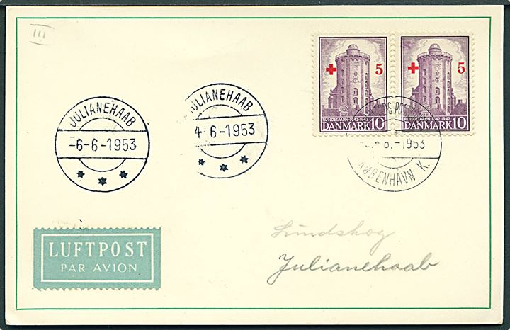 10+5 øre Røde Kors provisorium i parstykke på luftpost brevkort annulleret Grønlands Postkontor København K. d. x.6.1953 til Julianehaab, Grønland. Ank.stemplet d. 4.6.1953. 