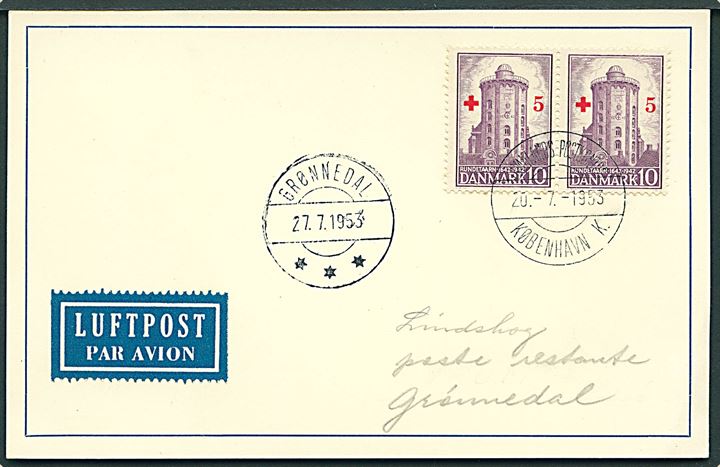 10+5 øre Røde Kors provisorium i parstykke på luftpost brevkort annulleret Grønlands Postkontor København K. d. 30.7.1953 til poste restante Grønnedal, Grønland. Ank.stemplet Grønnedal d. 27.7.1953.