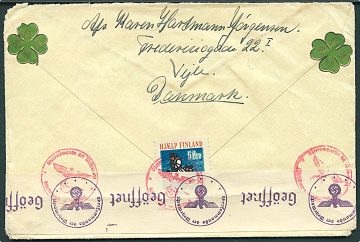 15 øre Karavel i parstykke på brev fra Vejle d. 27.5.1940 til Pitaluma, USA. På bagsiden 10 øre Hjælp Finland mærkat. Åbnet af tysk censur i Berlin. Begge mærker med skader.